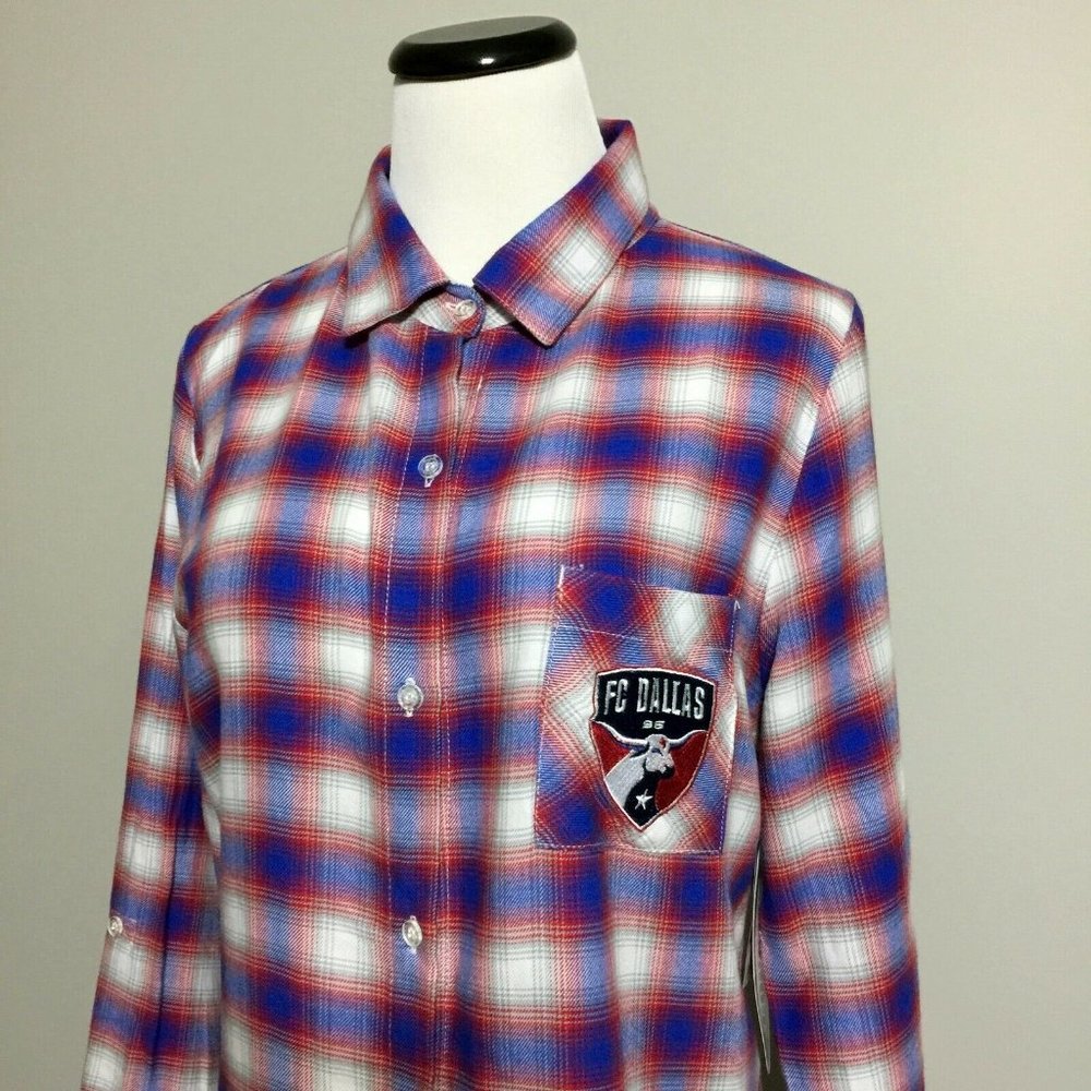 NWT FC Dallas Plaid Button Up Sleep Shirt L Womens MLS Soccer Nightshirt
